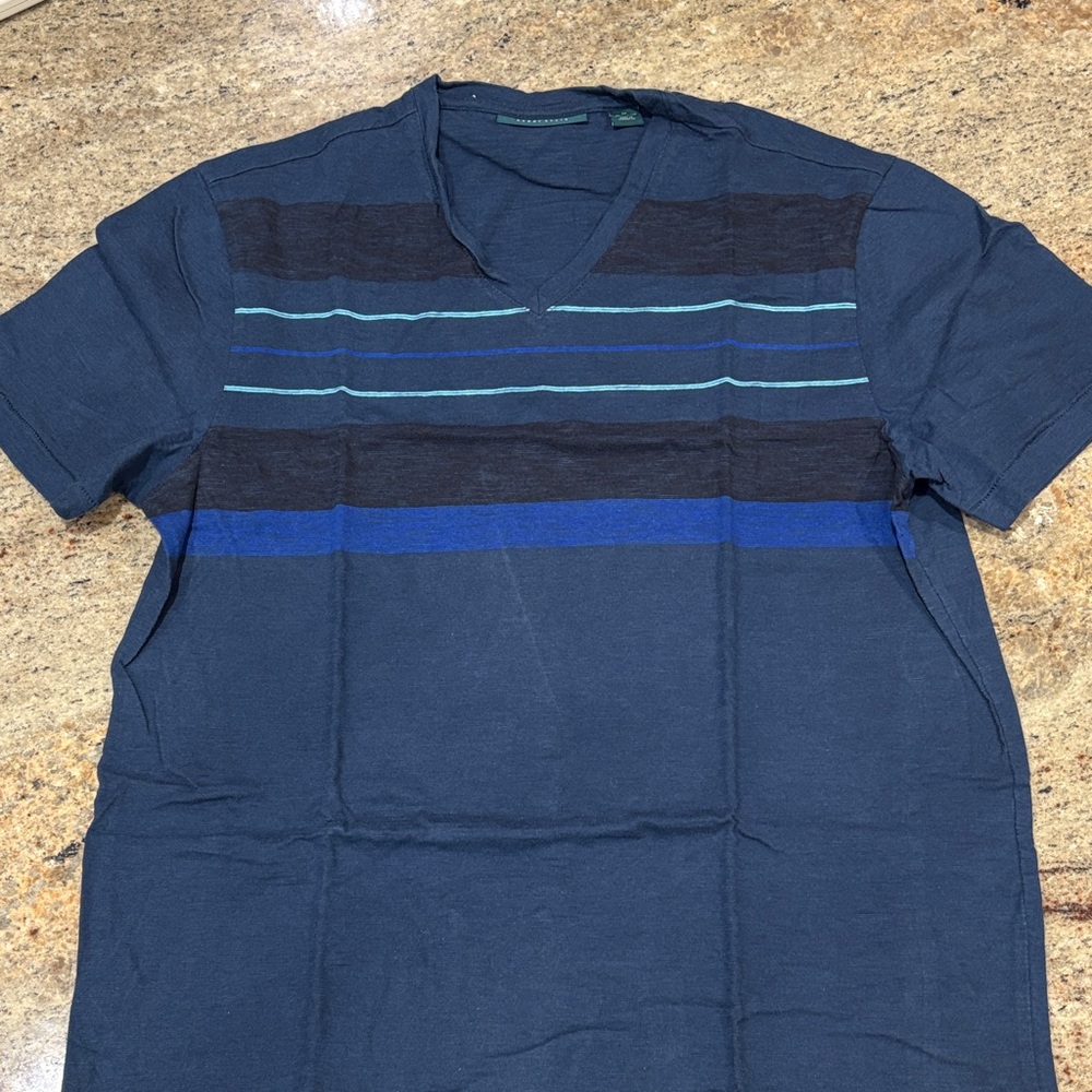 Perry Ellis Navy and Black Striped V-Neck Tee